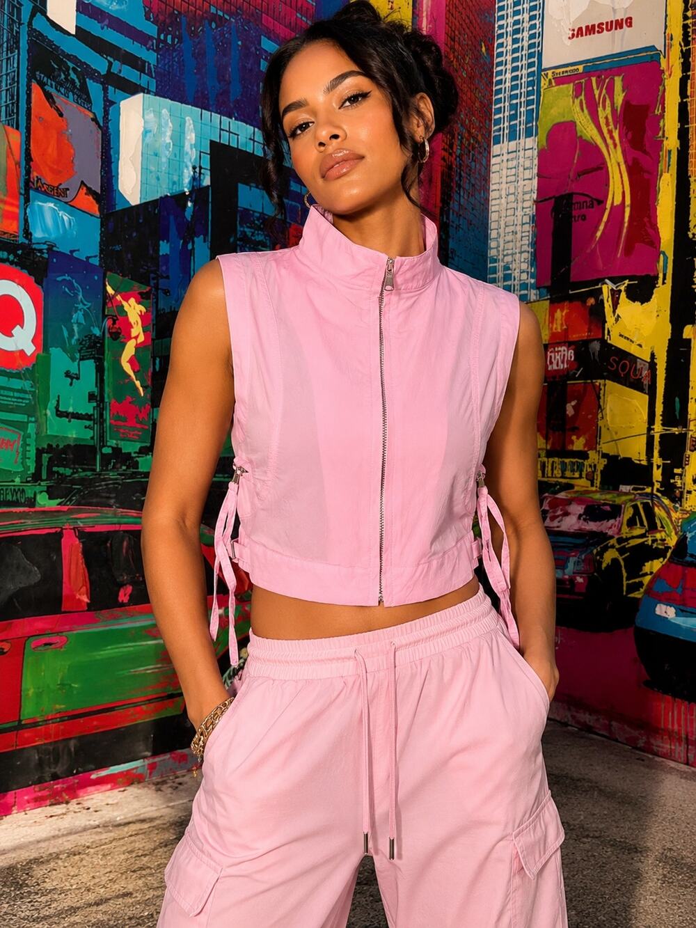 WAYDAMIN Baby Pink Utility Crop Vest NWT Y2K Streetwear Tactical Nylon